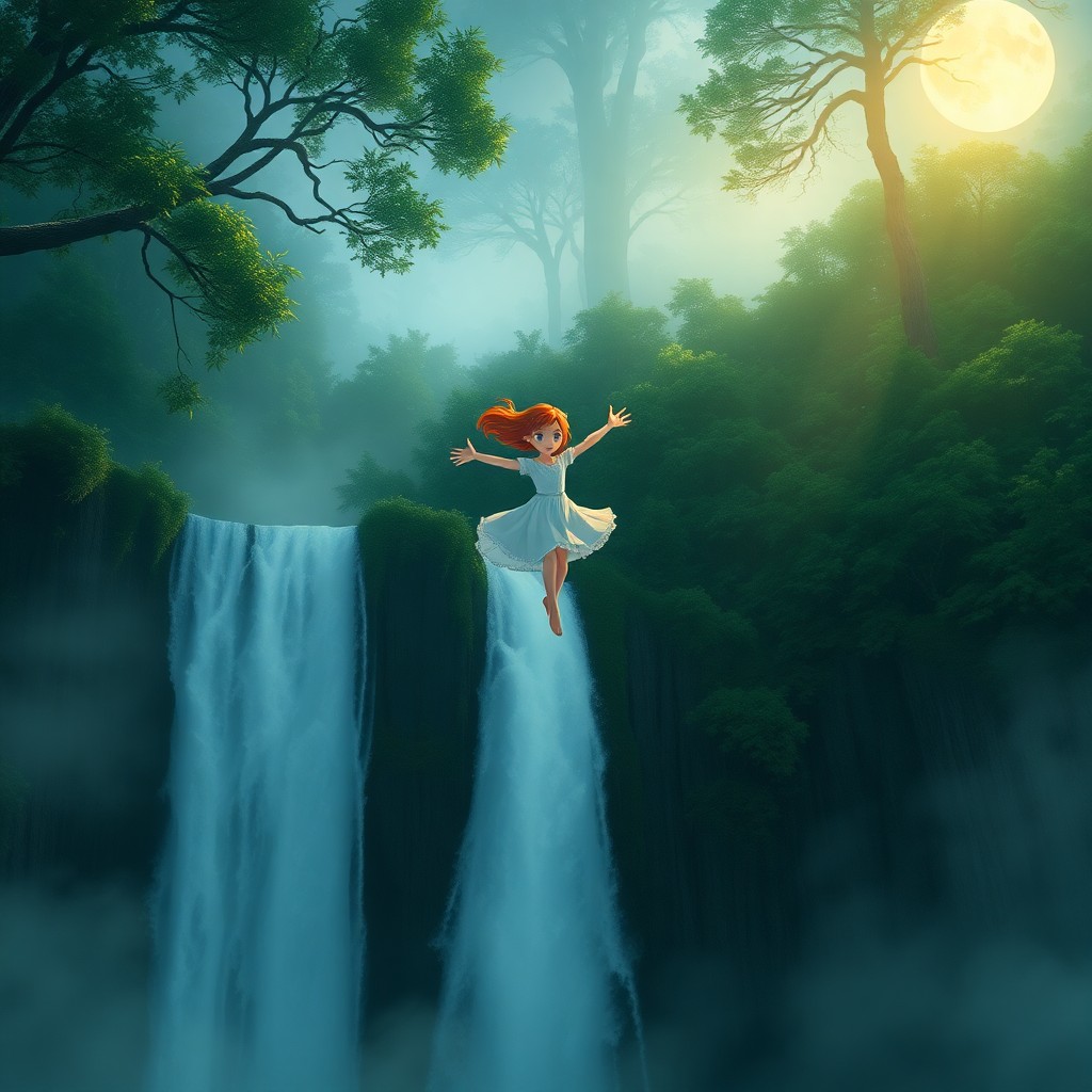 AI generated art for prompt: A captivating, photorealistic scene depicts a young girl with fiery red hair and vivid green eyes gr