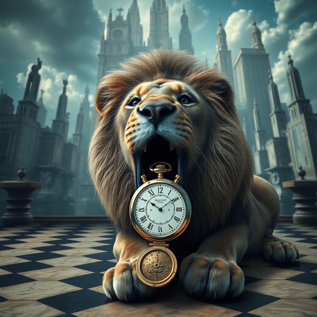 AI generated art for prompt: A surreal portrait depicting a majestic lion with an intricate pocket watch suspended from its jaws,