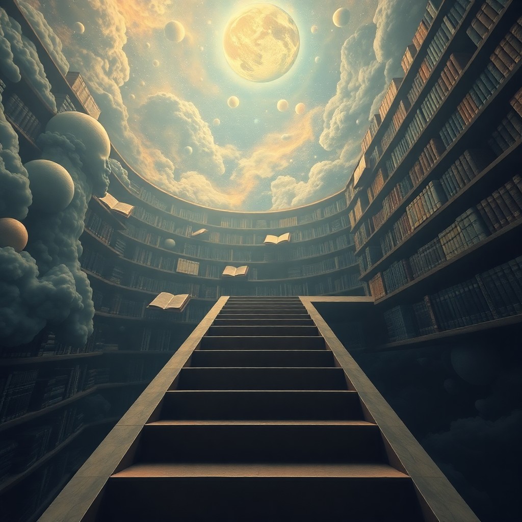 AI generated art for prompt: A dreamlike landscape reminiscent of Magritte's surrealism, this image portrays a floating staircase