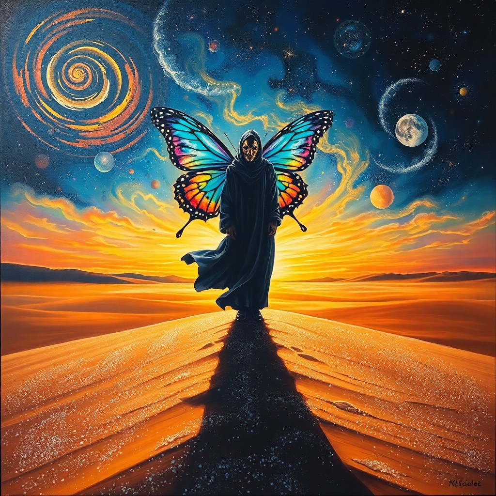 AI generated art for prompt: An oil painting of dreamlike surrealism captures a mesmerizing scene from an iridescent butterfly's 