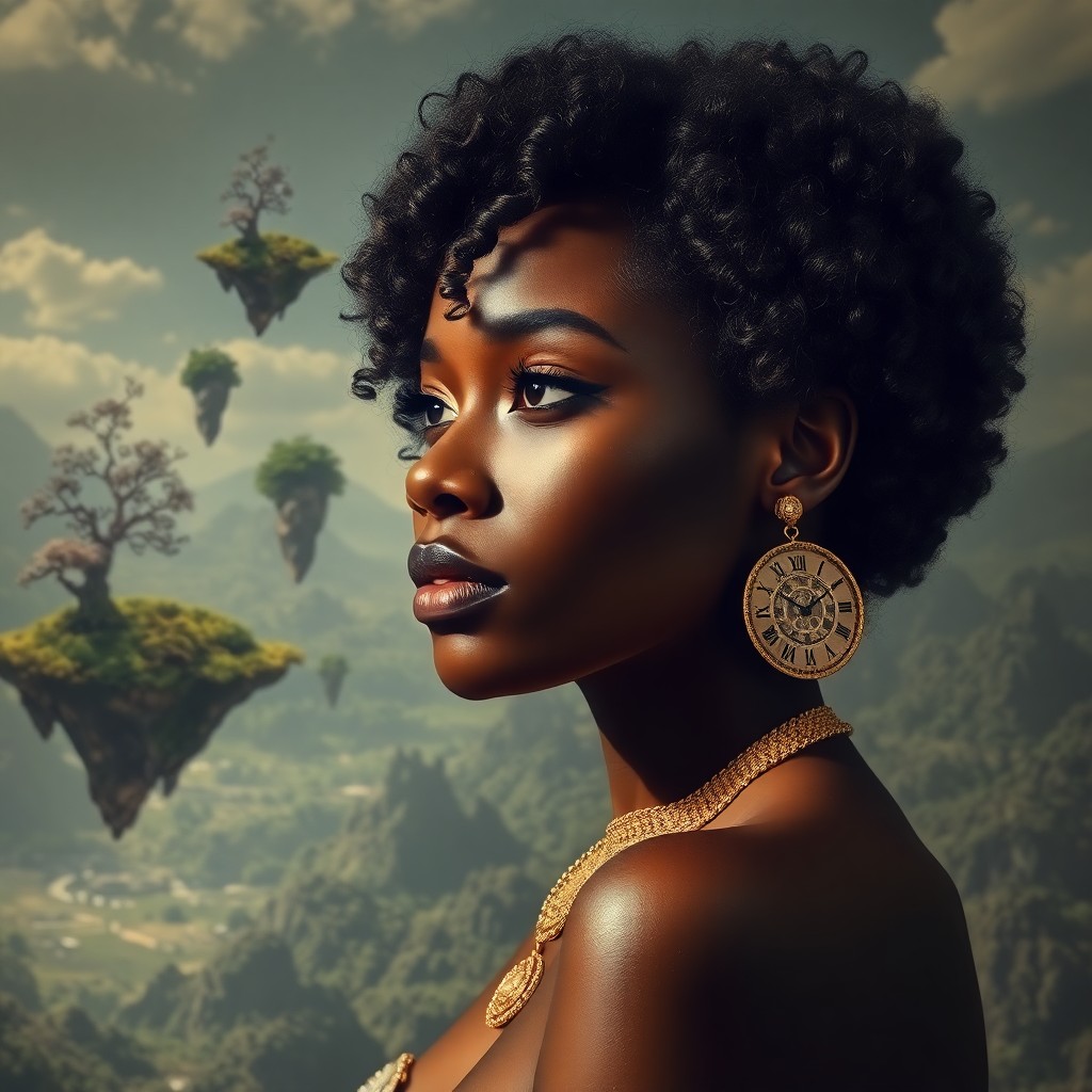 AI generated art for prompt: A surreal portrait depicting an African-American woman with curly hair cascading over one shoulder c