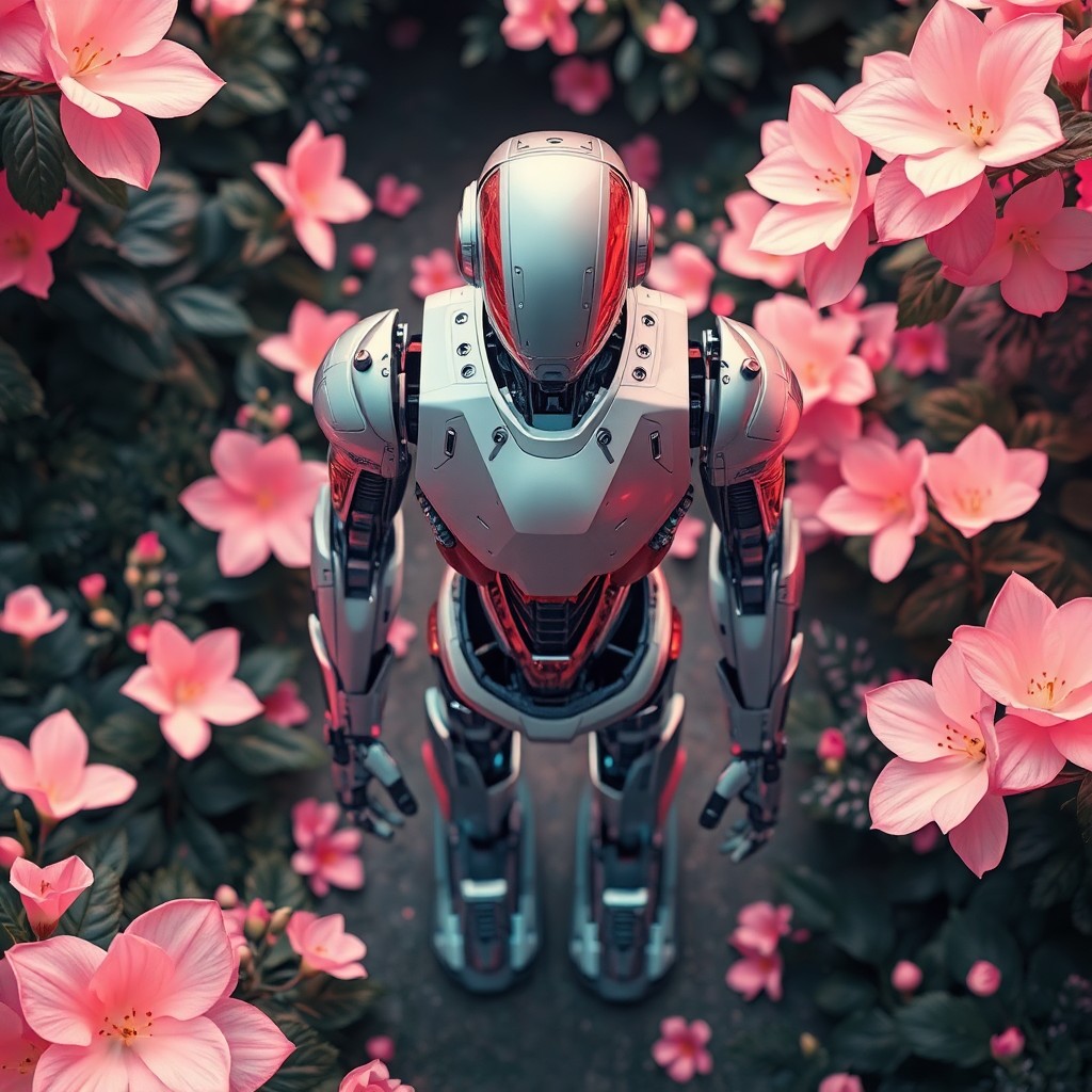 AI generated art for prompt: A mesmerizing digital artwork featuring an anthropomorphic robot in a tranquil garden setting, chara