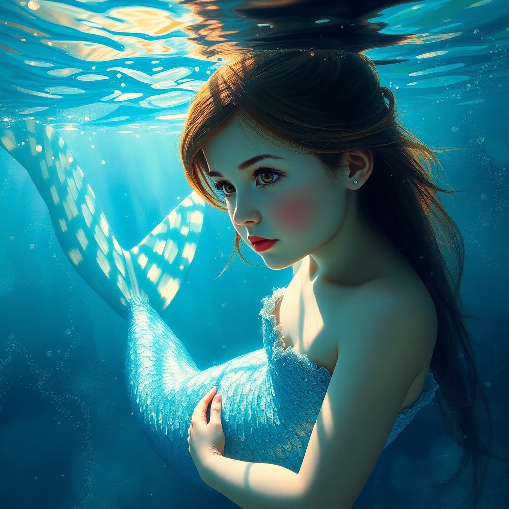 AI generated art for prompt: Imagine an enchanting aquatic landscape where a young mermaid gracefully moves through shimmering wa