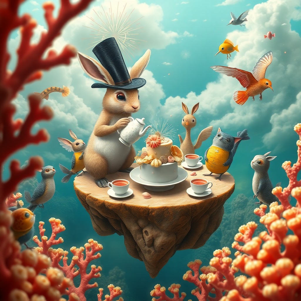 AI generated art for prompt: Craft an enchanting image in the whimsical surrealist style, depicting a surreal tea party on a floa