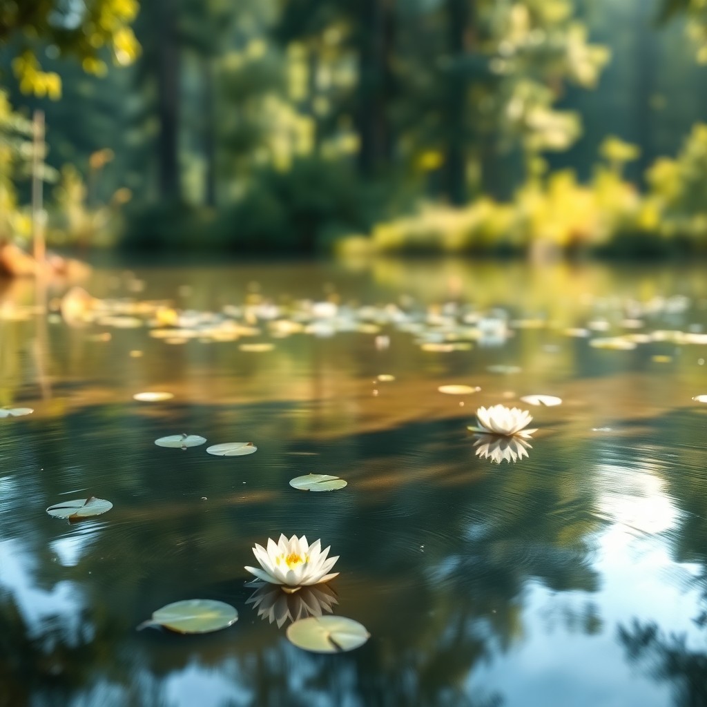 AI generated art for prompt: A tranquil pond scene is captured from an elevated perspective, reminiscent of Impressionist techniq