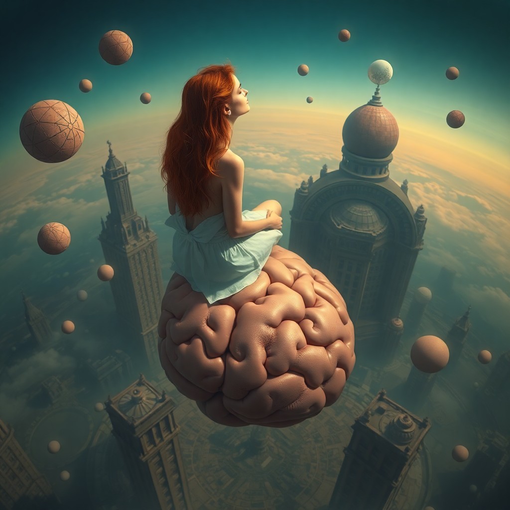 AI generated art for prompt: In a surreal dreamscape, a woman with fiery red locks sits pensively on a levitating cerebral mass, 