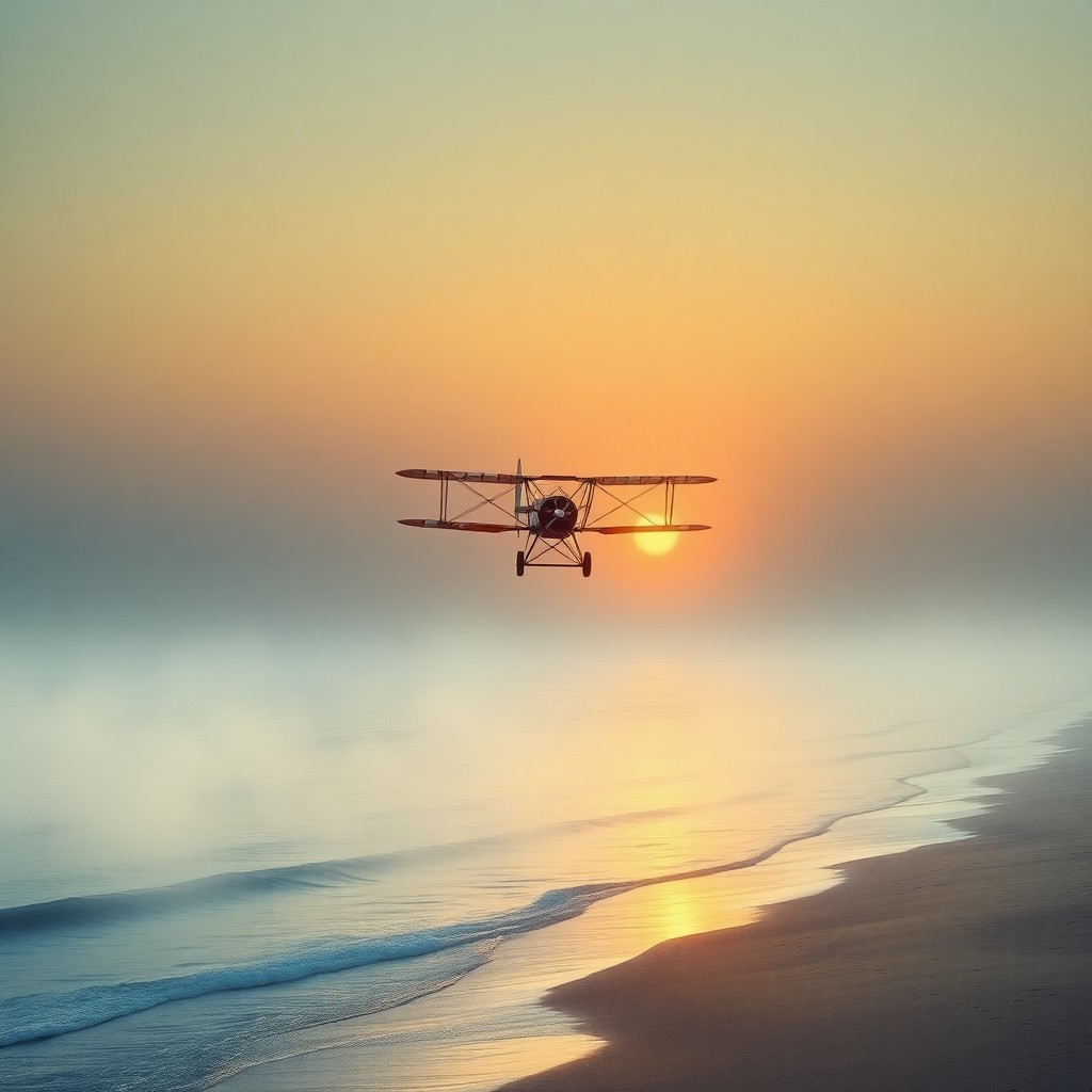 AI generated art for prompt: Imagine a tranquil beach at dusk, where an antique biplane gracefully rises from a shimmering fog li