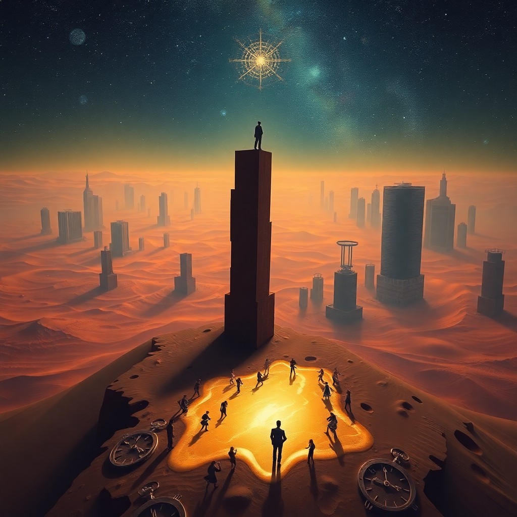 AI generated art for prompt: A surreal landscape depicting a vast desert extending towards an horizon of distorted skyscrapers, i