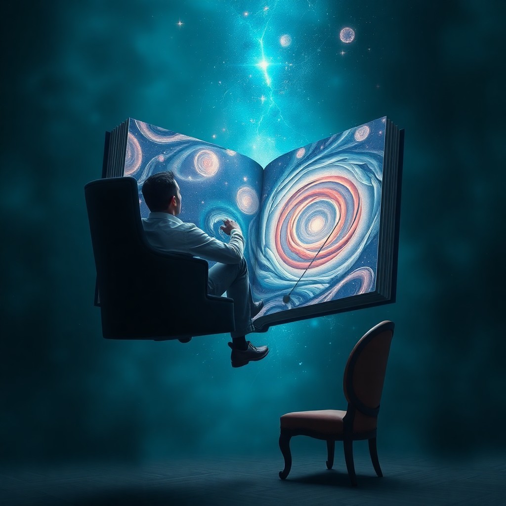 AI generated art for prompt: A surreal digital artwork captures a man suspended above his chair as he gazes in wonder at an open 