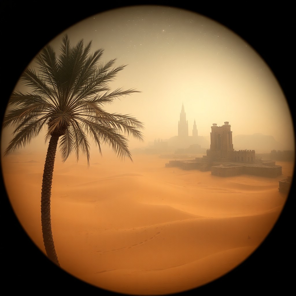 AI generated art for prompt: Depict a tranquil desert oasis viewed from above through an antique camera obscura lens, reminiscent