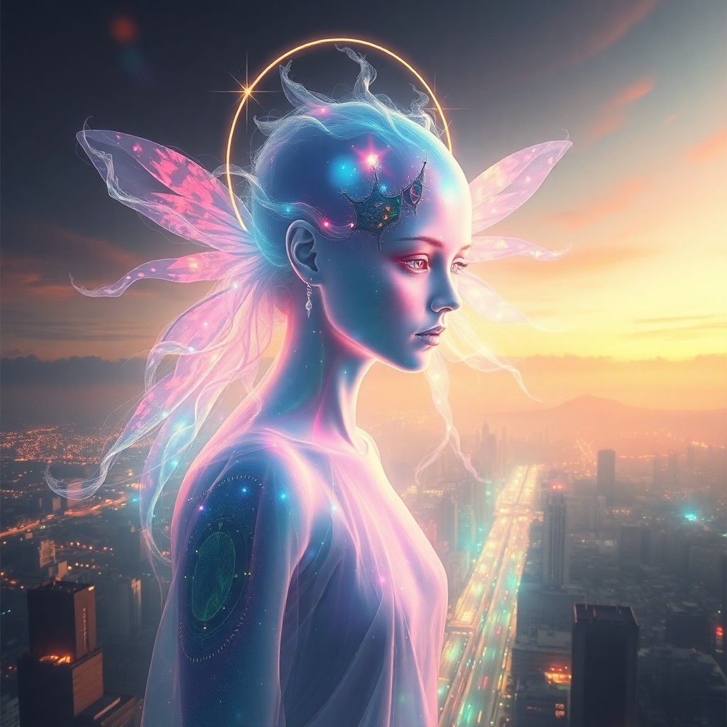 AI generated art for prompt: A captivating portrait of an enigmatic celestial being, this surreal composition invites viewers int