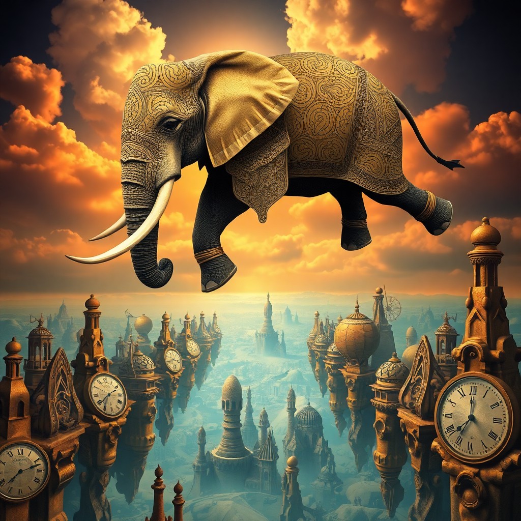AI generated art for prompt: Craft an image imbued with the surreal essence of Dali's iconic works, featuring a stately elephant 