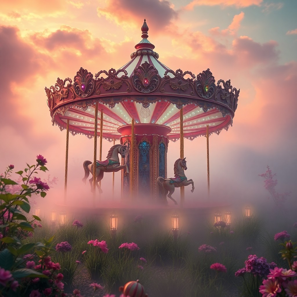 AI generated art for prompt: Craft an enchanting surrealist scene featuring a grand carousel rotating within a foggy, ethereal ga