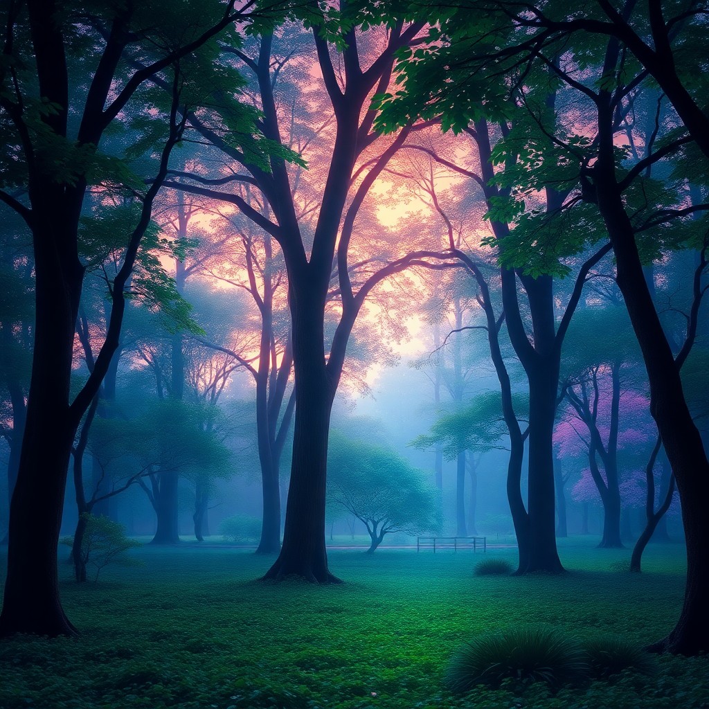 AI generated art for prompt: Imagine a tranquil forest at dusk, where the dreamlike atmosphere merges Monet's impressionistic sen