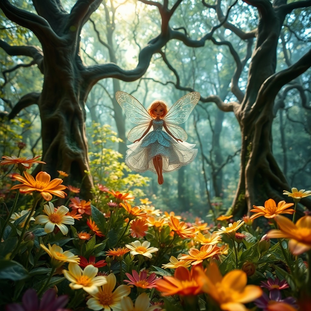 AI generated art for prompt: A whimsical forest scene is captured from an enchanting bug's-eye view, reminiscent of Brian Froud-i