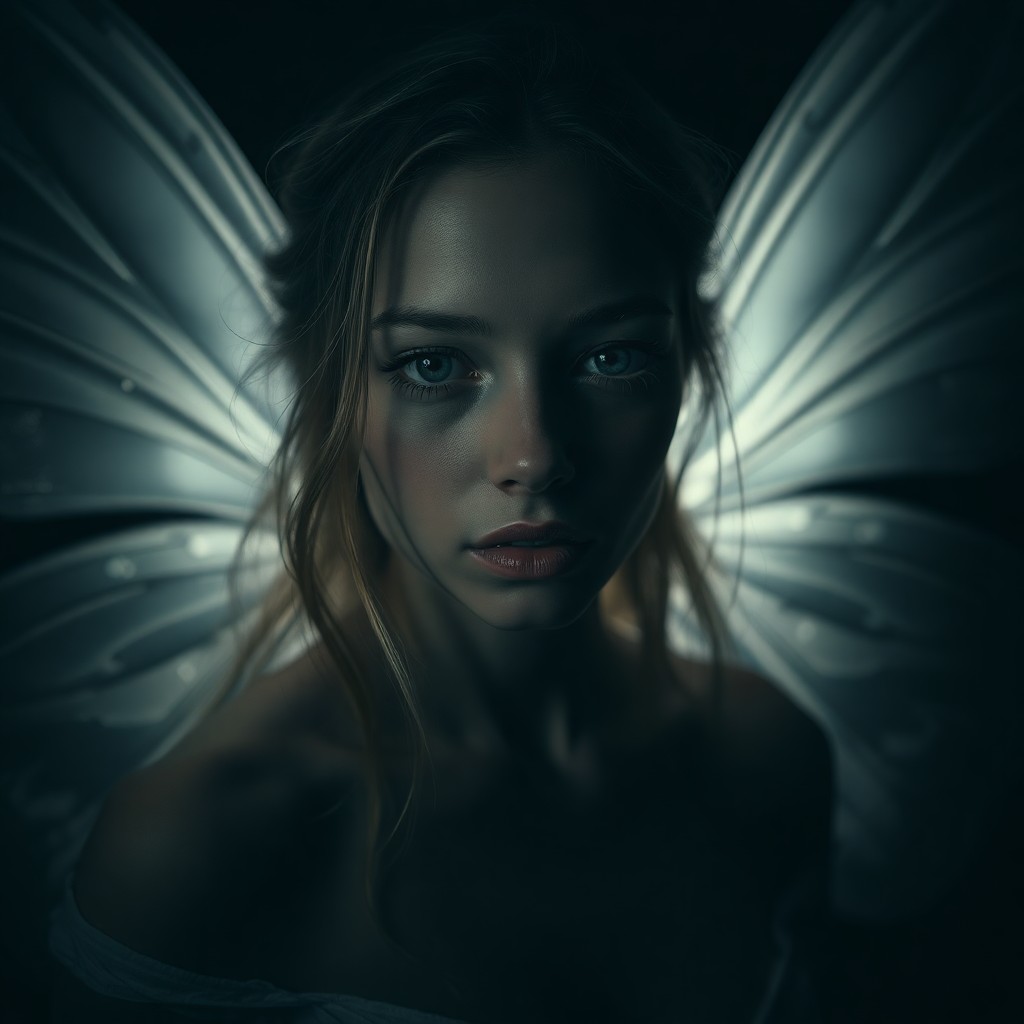 AI generated art for prompt: An enigmatic portrait showcasing an ethereal female figure with translucent wings, illuminated by a 
