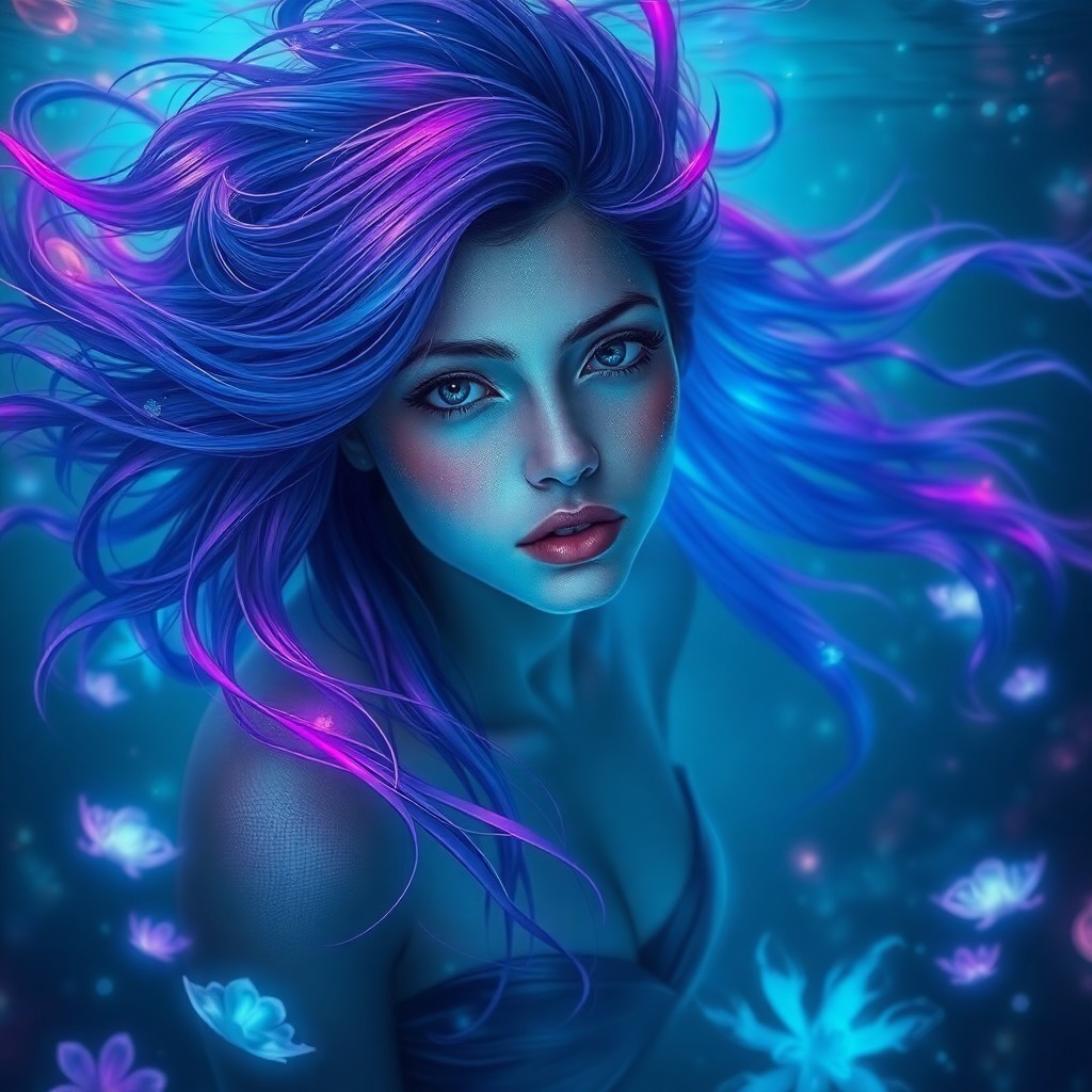 AI generated art for prompt: A captivating digital art portrait of an enigmatic woman with flowing hair in vibrant shades of blue