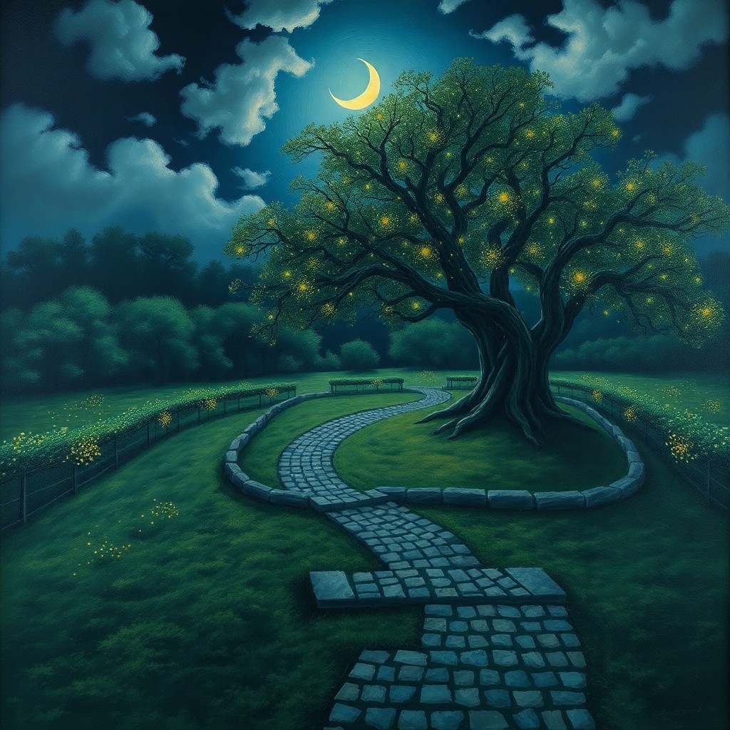 AI generated art for prompt: A panoramic oil painting captures the enigmatic allure of a moonlit garden with intricate cobbleston