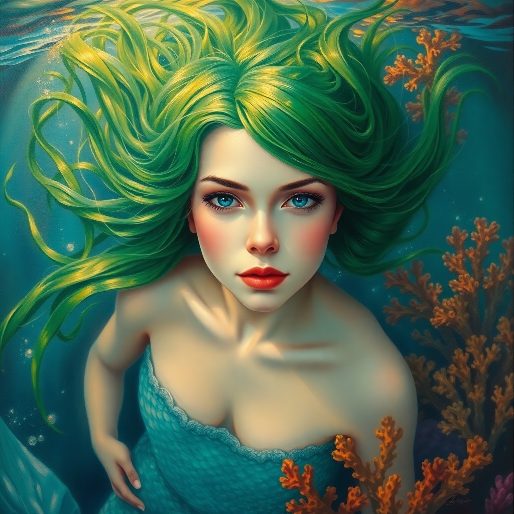 AI generated art for prompt: An enchanting oil painting depicting a surreal portrait of a mermaid gracefully floating in a mystic