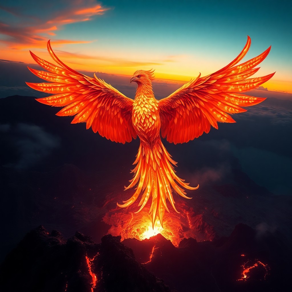 AI generated art for prompt: A powerful phoenix emerges from the remnants of an erupting volcanic terrain at sunrise, its radiant