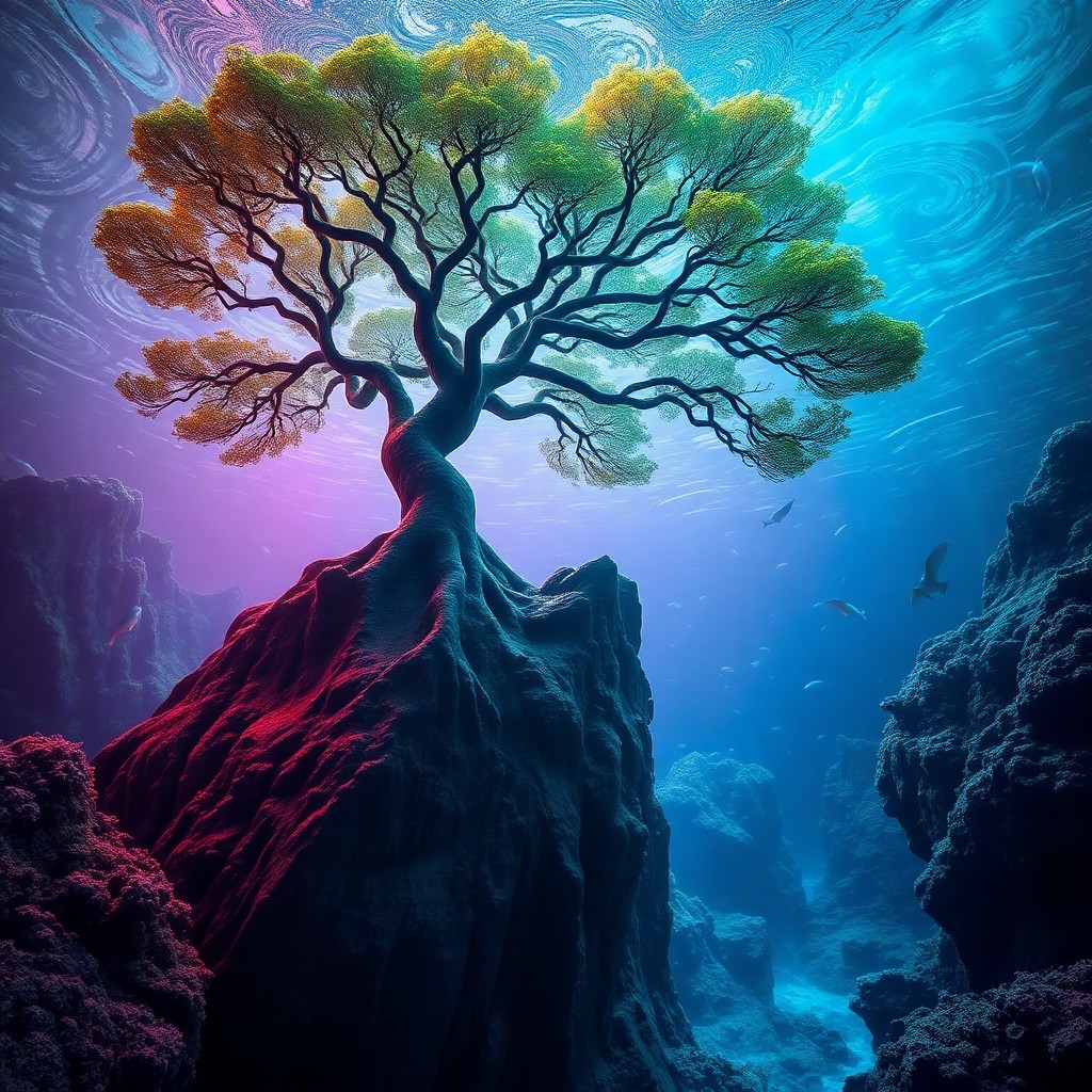 AI generated art for prompt: Imagine an ethereal underwater scene where an age-old tree grows on a massive submerged mountain, it