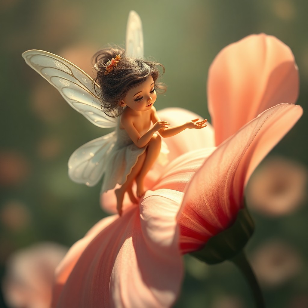 AI generated art for prompt: Imagine an enchanting digital art portrait of a whimsical fairy gracefully perched on a delicate flo