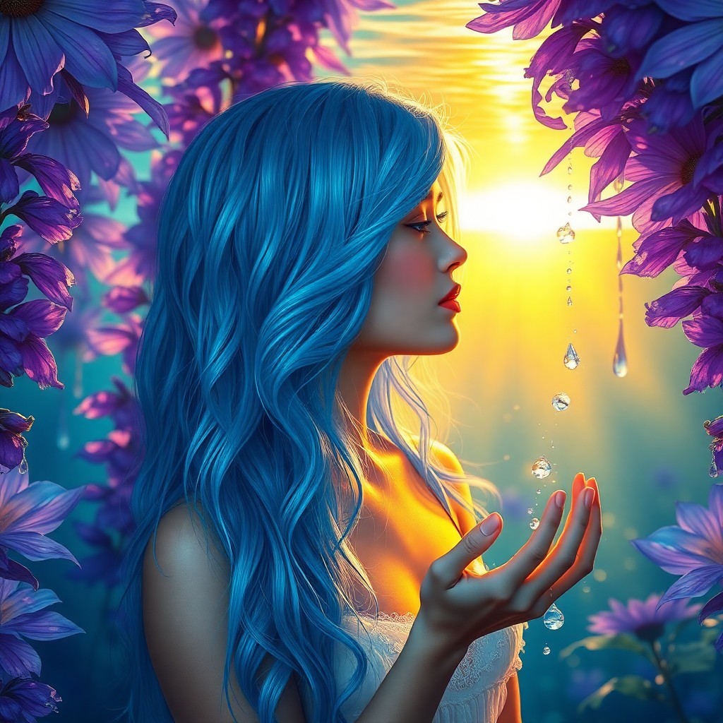 AI generated art for prompt: An enchanting portrait of a young woman with shimmering, iridescent blue hair, her locks evoking the
