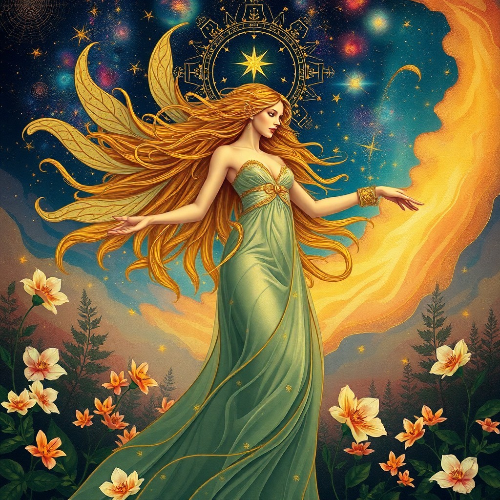AI generated art for prompt: Craft an image in the vein of Art Nouveau, depicting a celestial maiden with gilded features and flo