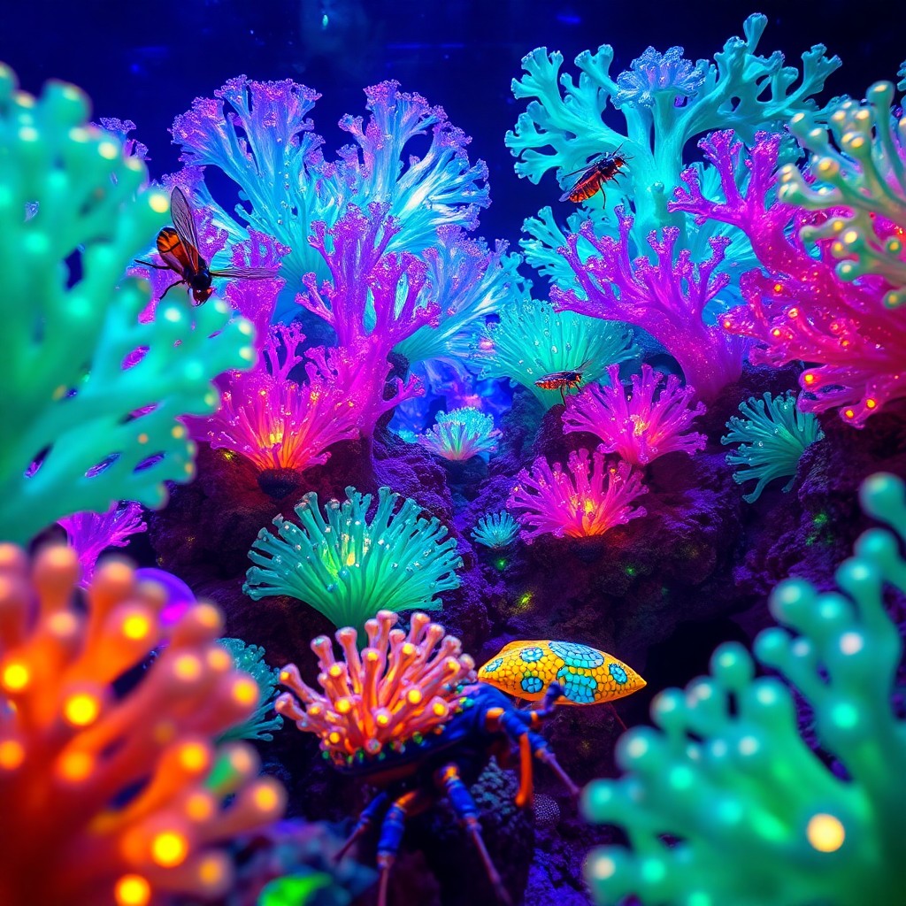 AI generated art for prompt: A surreal underwater vista aglow with bioluminescent plant and animal life is captured from an insec