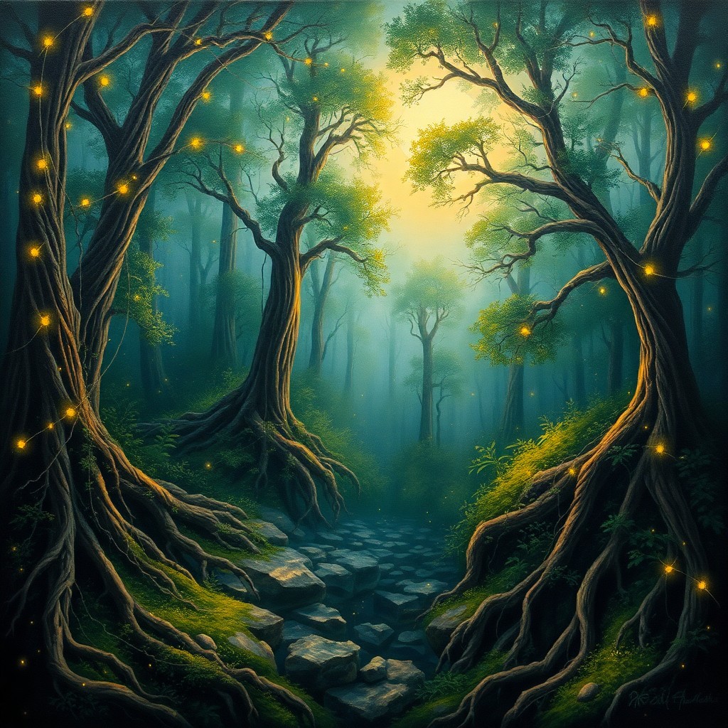 AI generated art for prompt: Picture an alluring oil painting depicting a magical forest landscape with towering trees adorned in
