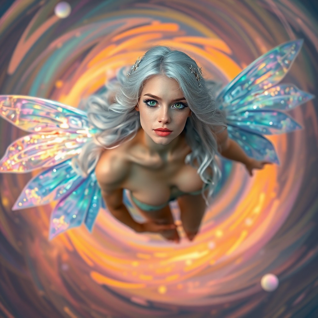 AI generated art for prompt: A celestial portrait captures an ethereal nymph with shimmering wings cascading in a vibrant spectru