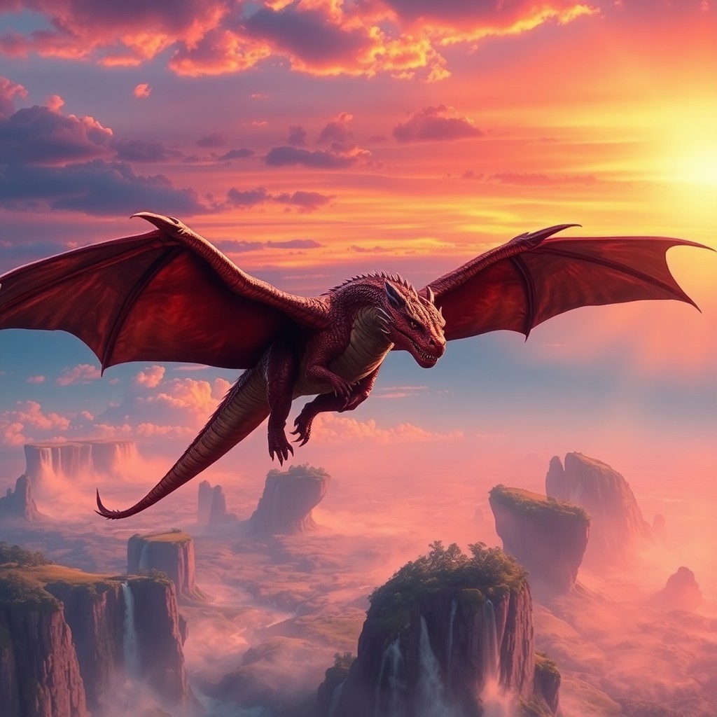 AI generated art for prompt: Imagine an awe-inspiring dragon soaring through a mesmerizing sunset sky, its scales glistening with