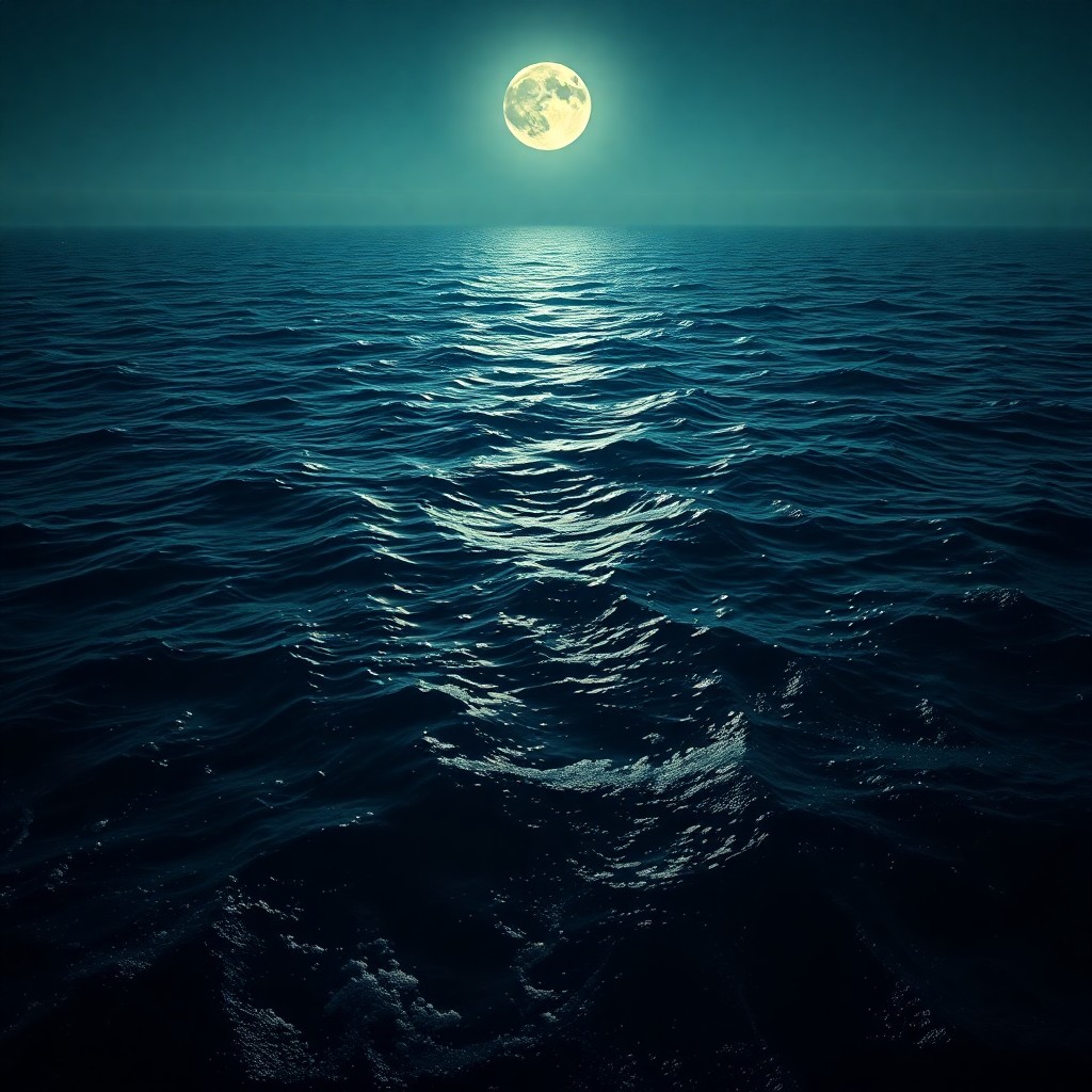 AI generated art for prompt: Envision an enigmatic seascape bathed in the otherworldly glow of a waning gibbous moon, casting dra