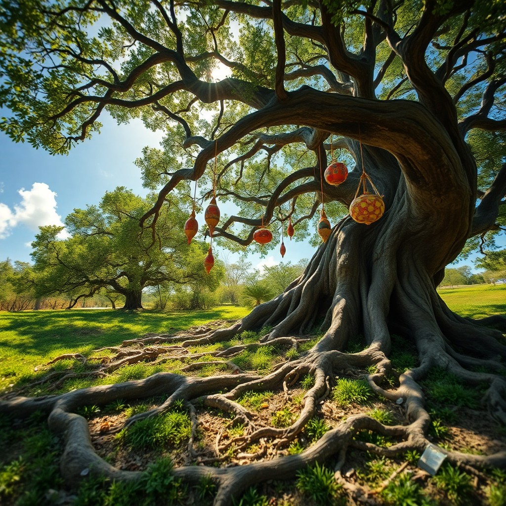 AI generated art for prompt: Picture an enchanting dreamscape with a grand tree positioned prominently in the foreground. Its roo