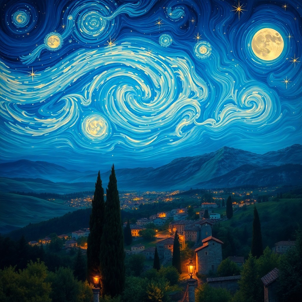 AI generated art for prompt: Imagine a breathtaking panoramic landscape reminiscent of Van Gogh's celestial masterpieces, viewed 