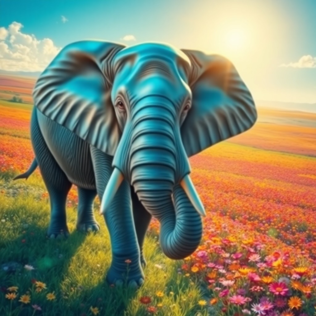 AI generated art for prompt: Visualize an enchanting, digital art portrait of a wise African elephant with shimmering blue skin, 