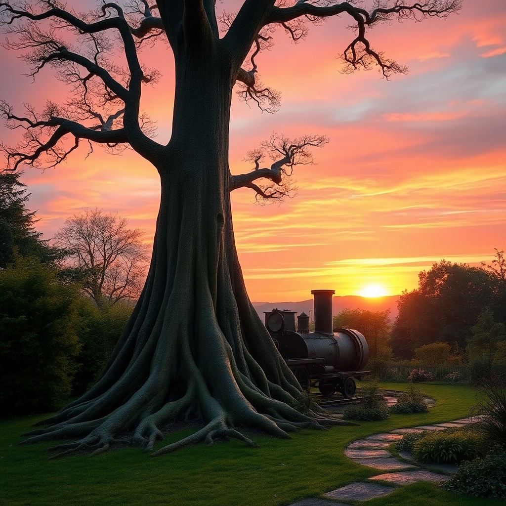 AI generated art for prompt: A surreal image depicting a serene garden where an imposing, towering tree stands with its roots int