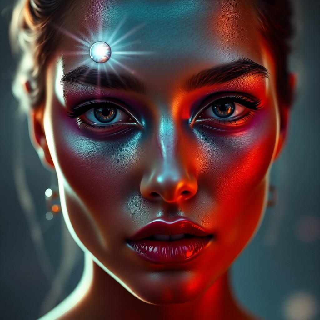 AI generated art for prompt: A captivating close-up portrait showcases an intriguing woman with skin that shimmers in iridescent 