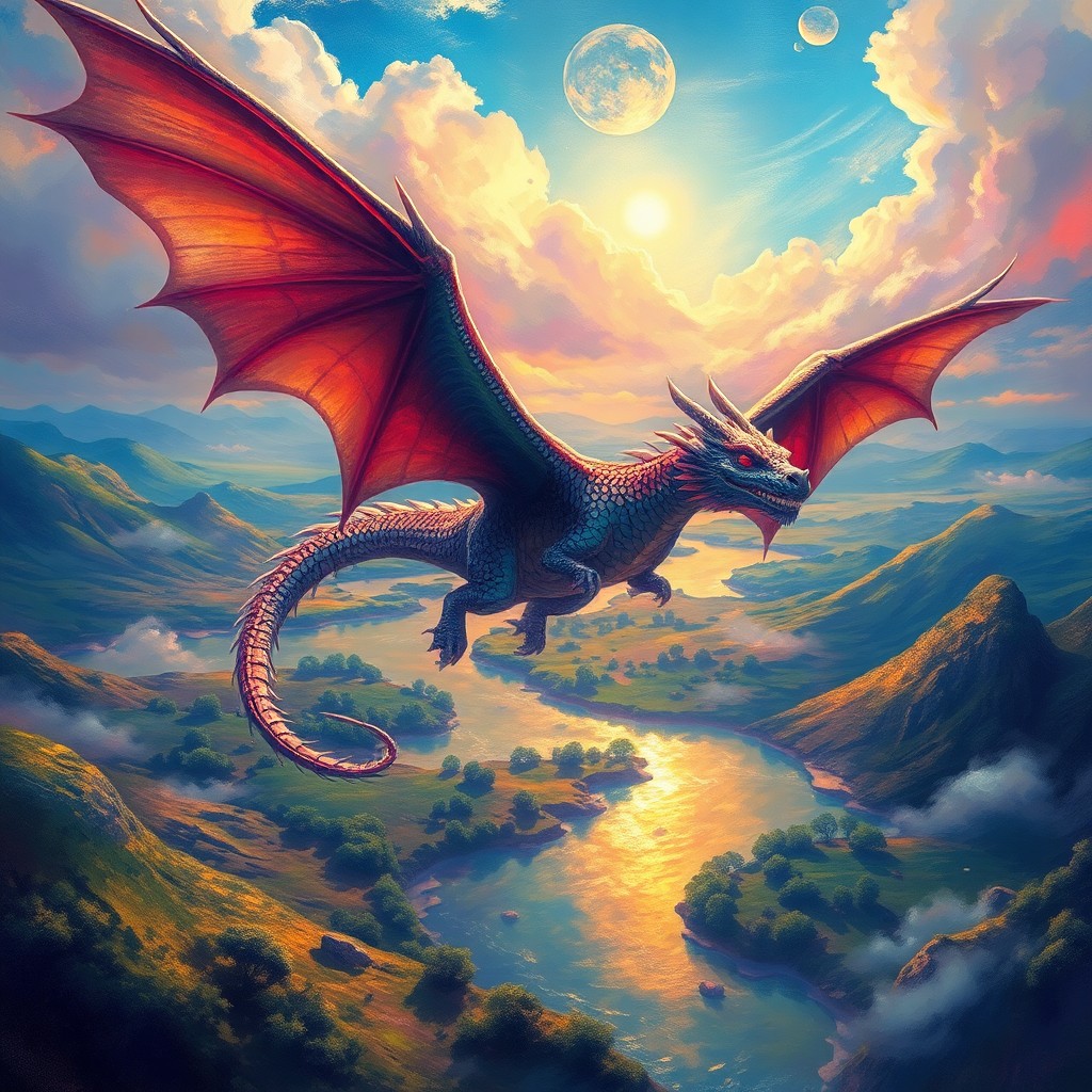 AI generated art for prompt: A majestic dragon with iridescent scales takes flight amidst a vibrant landscape, its wingspan stret