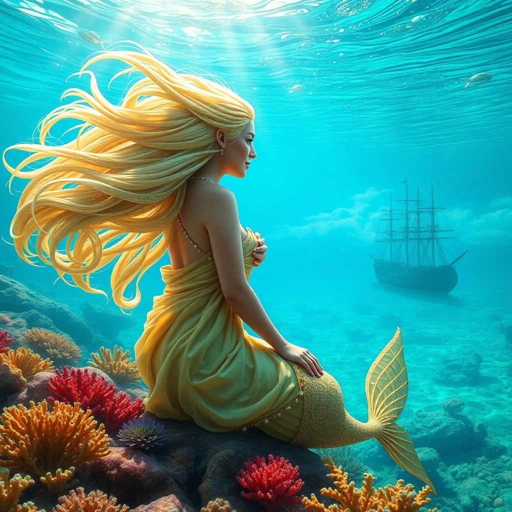 AI generated art for prompt: A hyperrealistic digital art piece depicting an enchanting underwater scene featuring a mermaid with