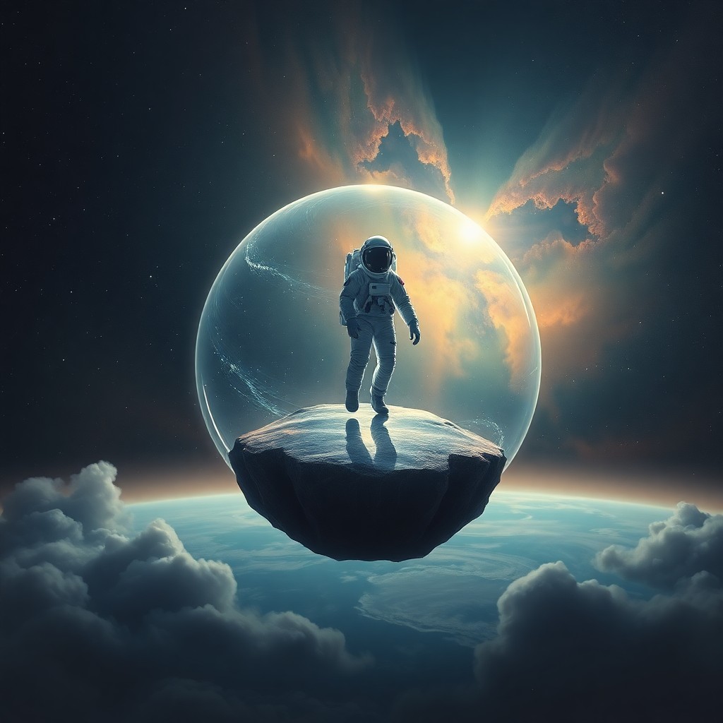 AI generated art for prompt: A mesmerizing digital art portrait depicting an isolated astronaut adrift in the serene expanse of a