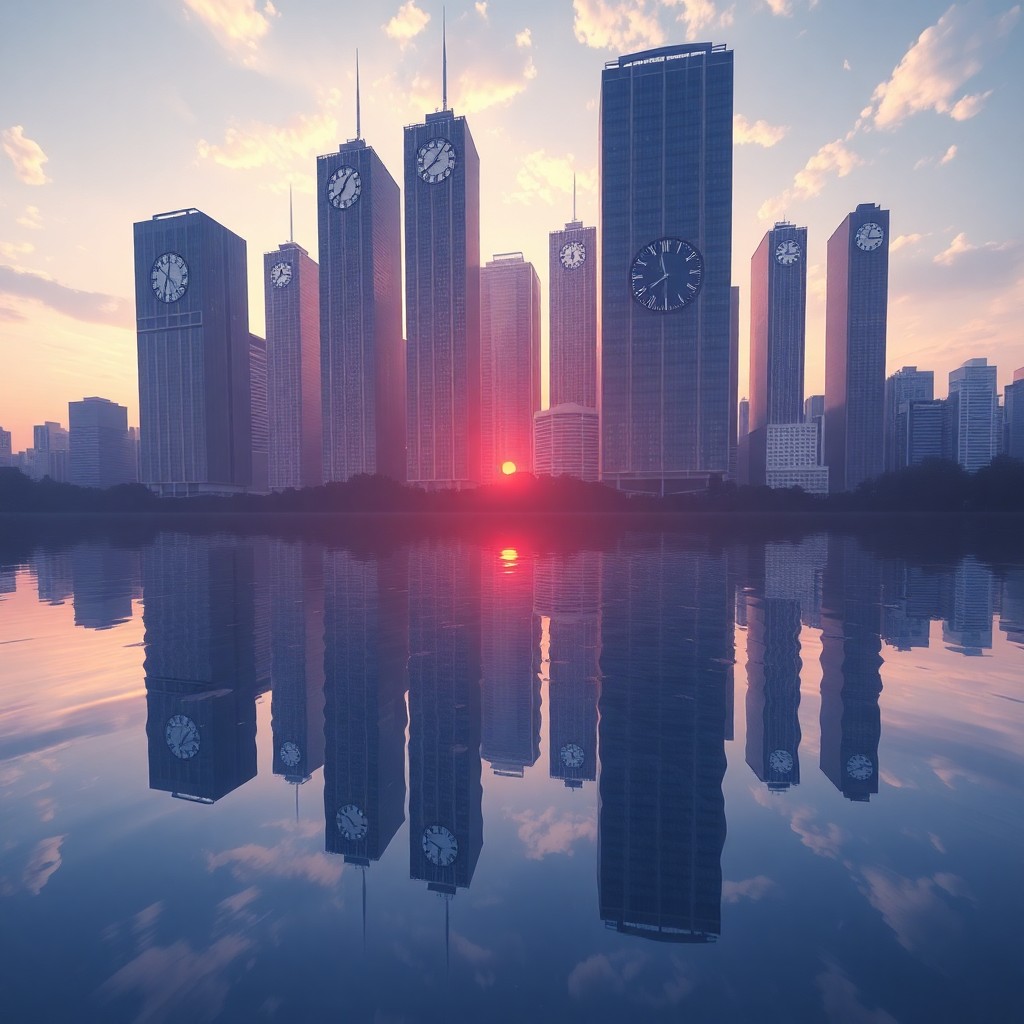 AI generated art for prompt: A dreamlike digital art scene showcases a tranquil lake mirroring an urban skyline composed of skysc