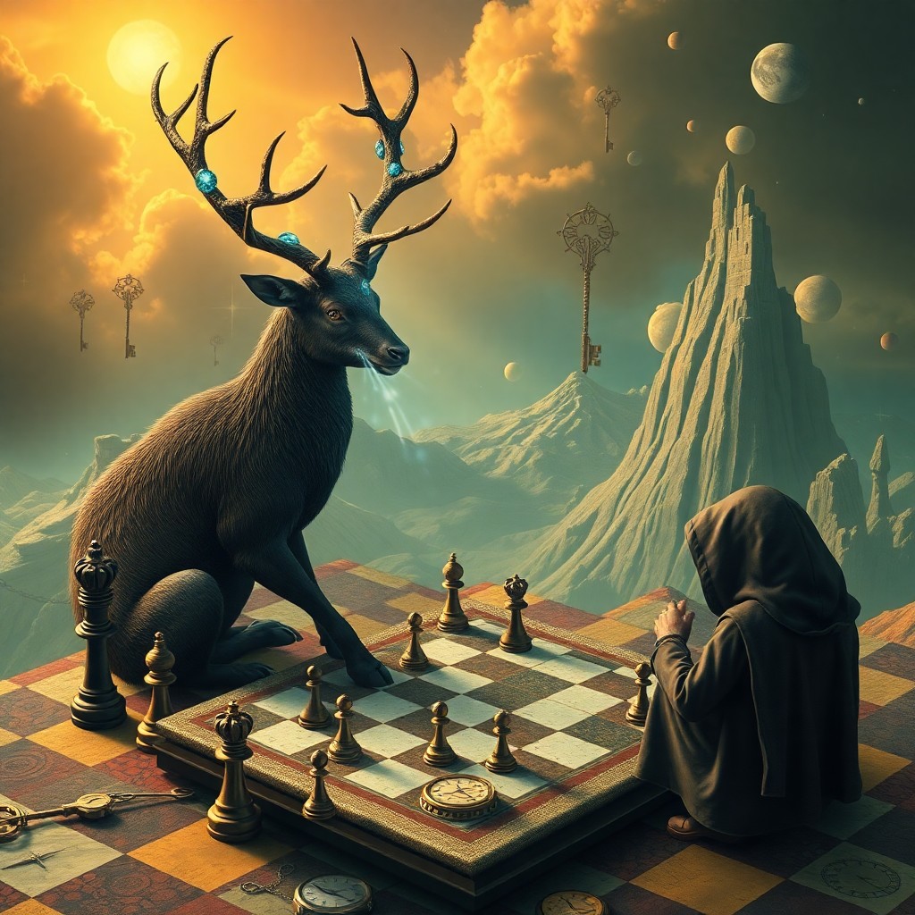 AI generated art for prompt: Create an intricate digital artwork in the surrealistic style, featuring a chessboard landscape wher