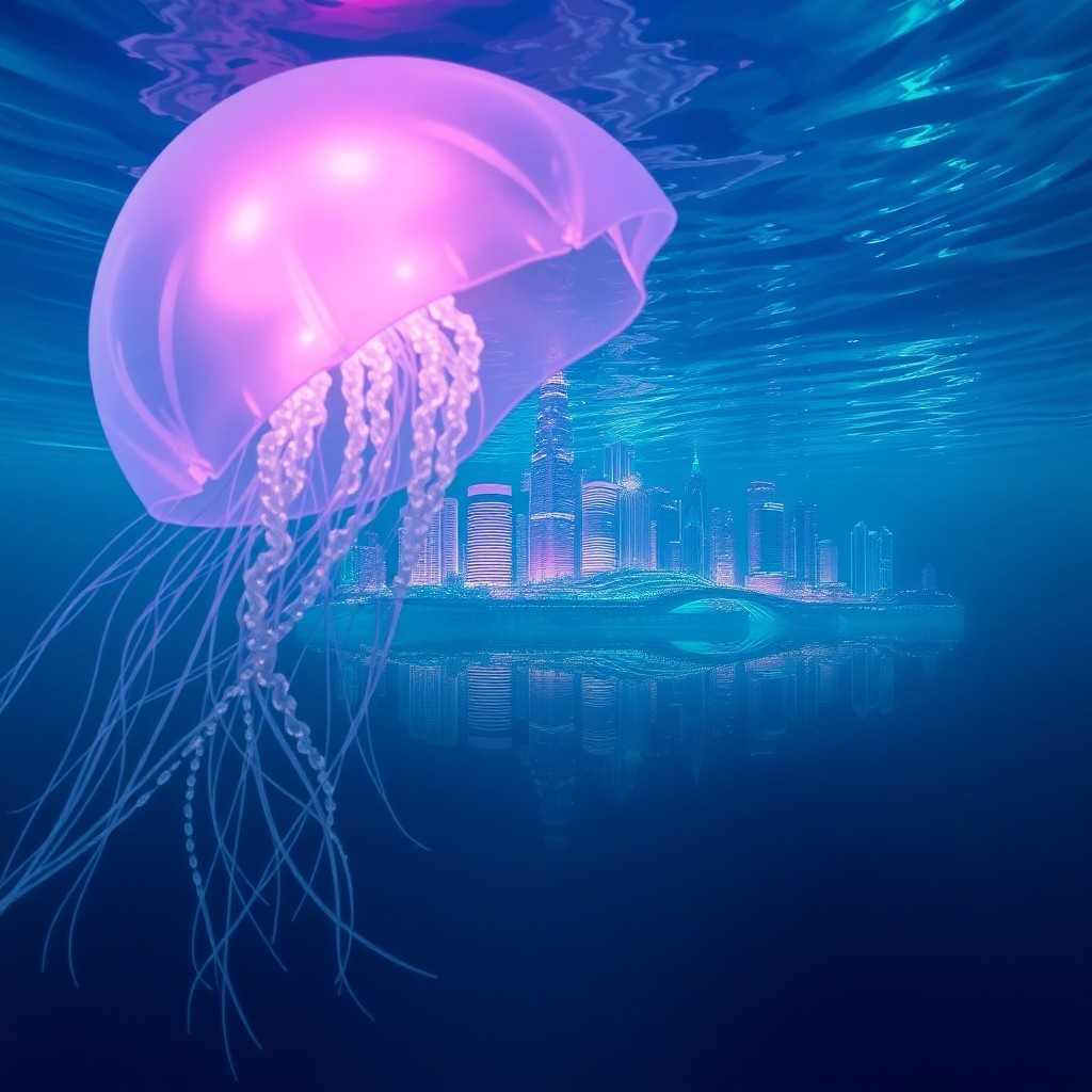 AI generated art for prompt: A dreamlike underwater world is revealed from the perspective of a translucent jellyfish-like creatu