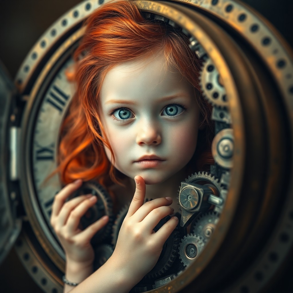 AI generated art for prompt: A surreal portrait depicting a young girl with vibrant red hair and captivating green eyes emerging 