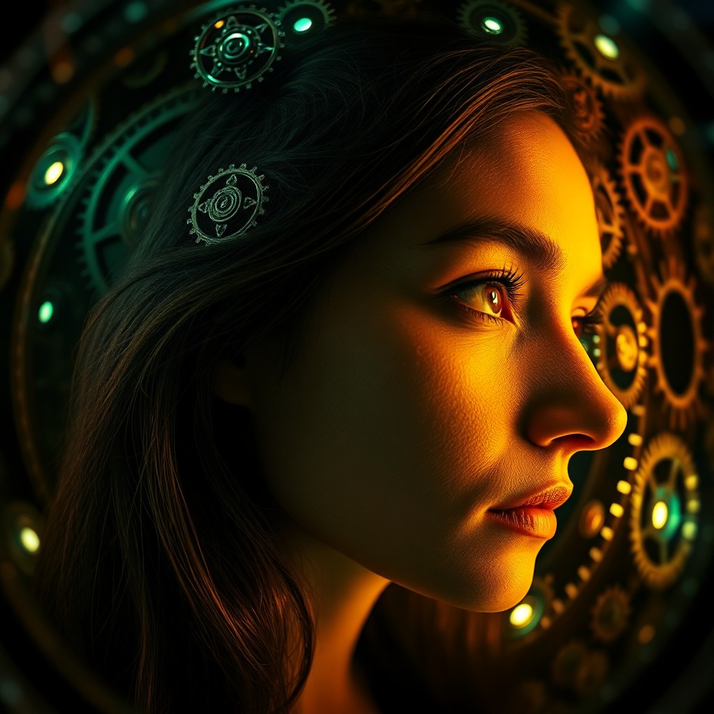 AI generated art for prompt: Create an image depicting a close-up portrait of a woman, showcasing a blend of dramatic chiaroscuro