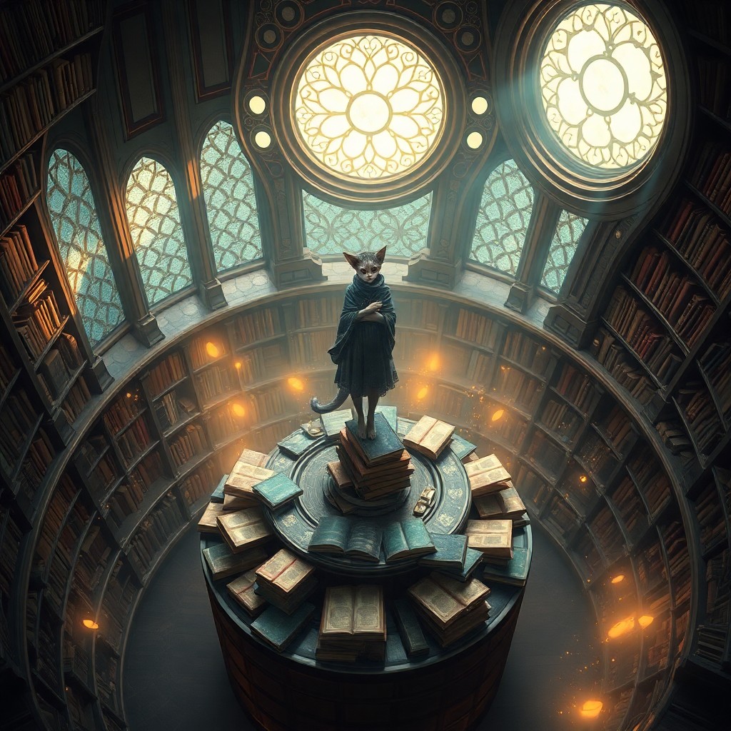 AI generated art for prompt: A captivating digital artwork depicts an enigmatic librarian with a mesmerizing fusion of human and 