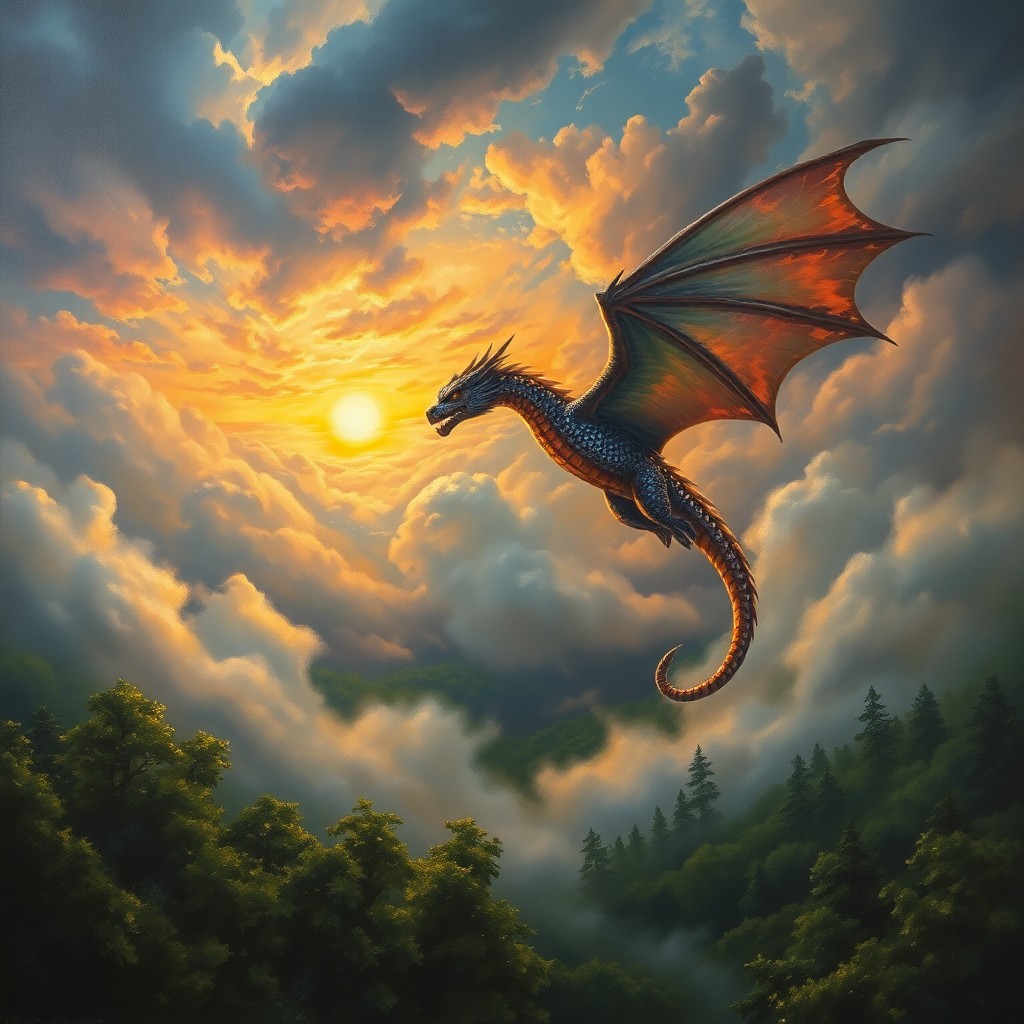 AI generated art for prompt: An awe-inspiring oil painting depicts a dragon soaring through dramatic skies above a verdant forest