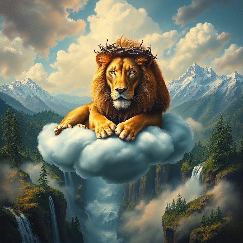 AI generated art for prompt: An image portraying a surreal oil painting, illustrating an imposing lion adorned with a crown of th