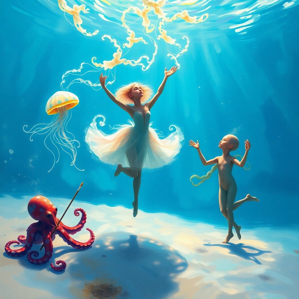 AI generated art for prompt: A whimsical underwater ballet is captured in this surreal digital painting, where graceful sea creat